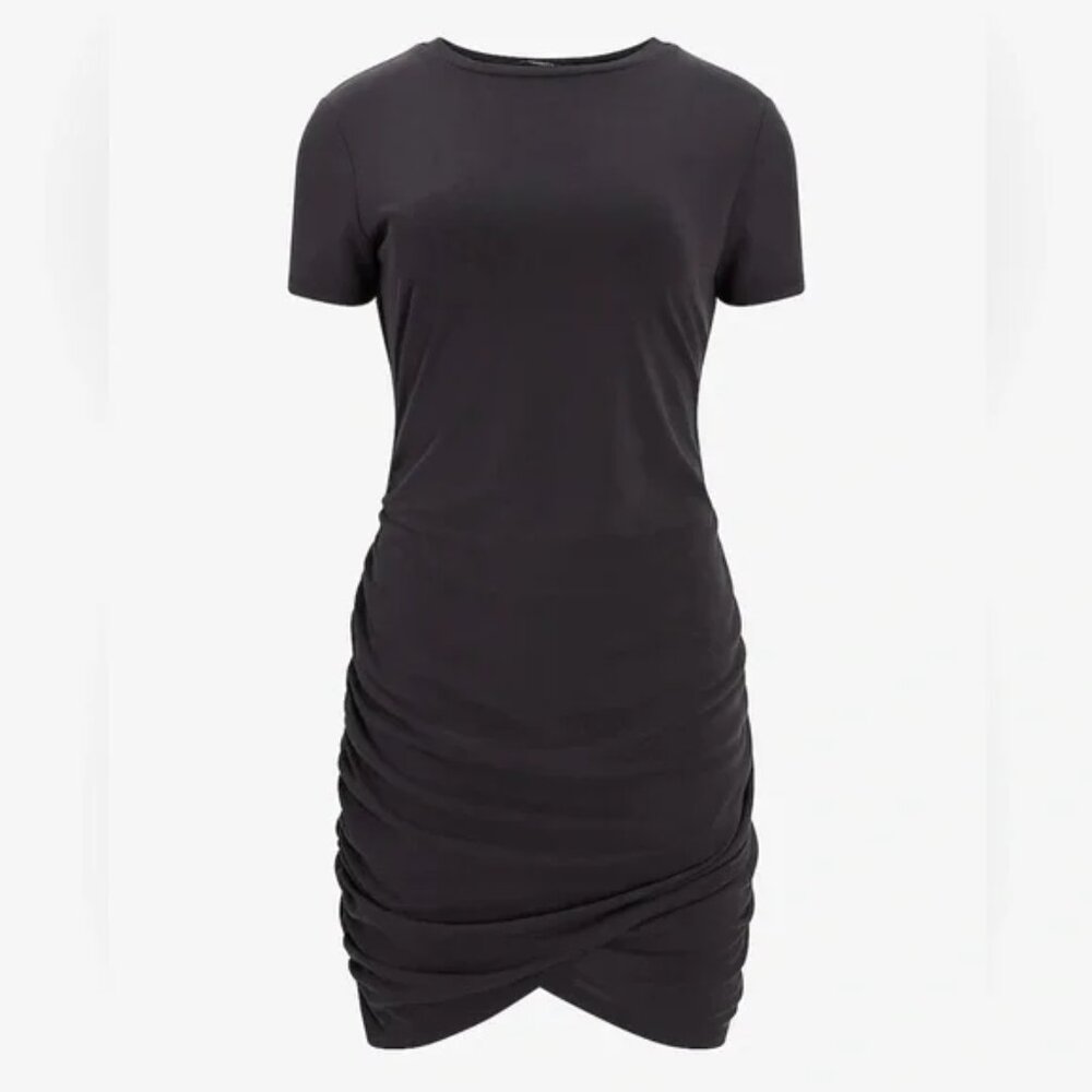 EXPRESS WOMEN'S SILKY SUEDED JERSEY RUCHED MINI DARK GRAY DRESS XS NWOT